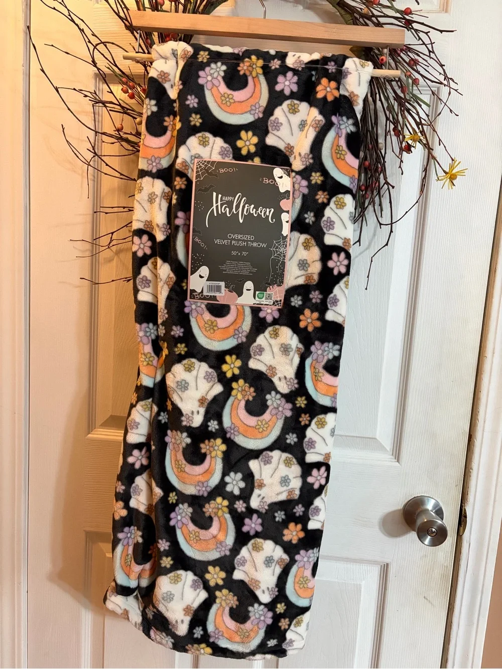 Happy halloween plush Blanket - Black with Pastel Ghosts & Rainbows